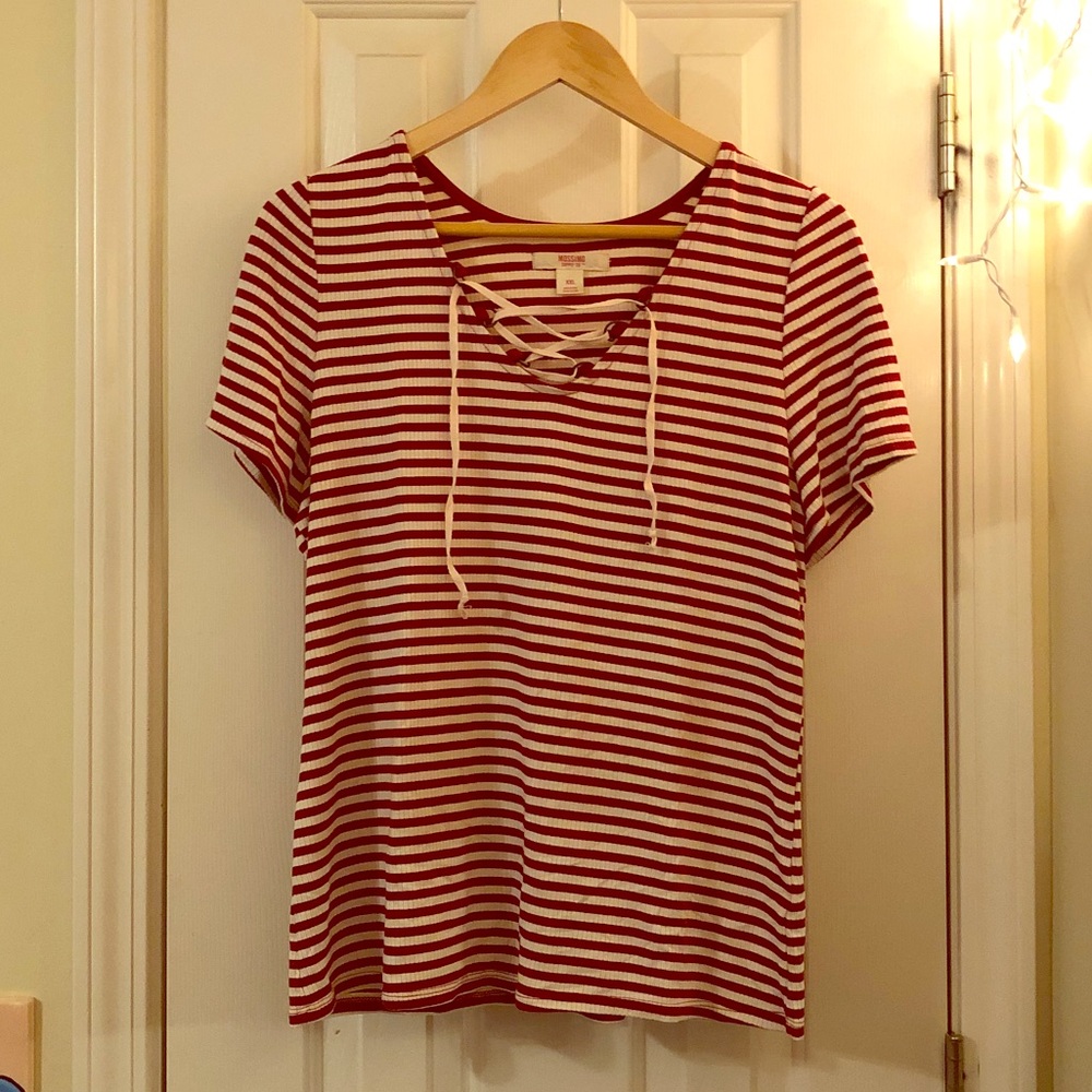 Striped red shirt with tie up front